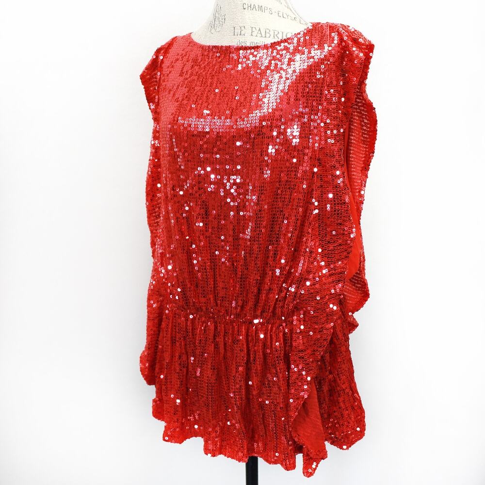 Free People Vintage 80's Embroidered Disco Red Sequins Blouse Tunic Top Large